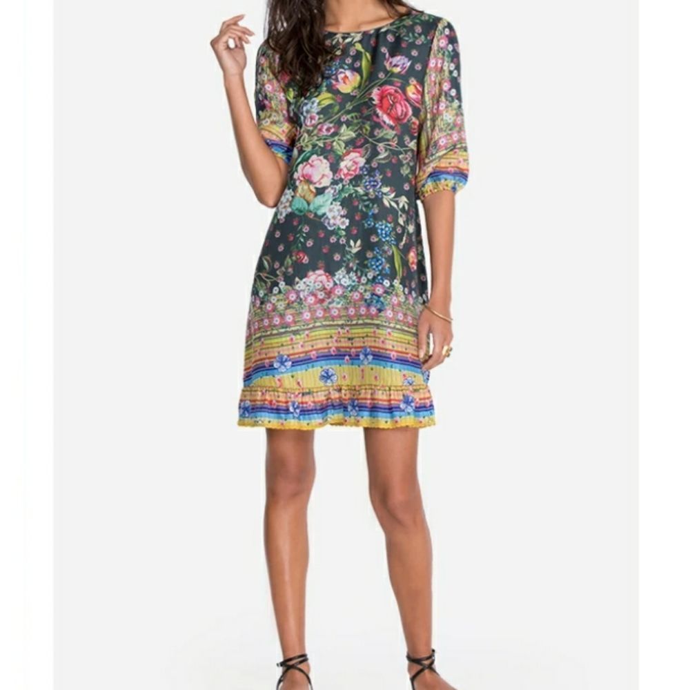Johnny Was Naomi Wren Multicolor Short Sleeve Roundneck Silk Ruffle Hem Dress